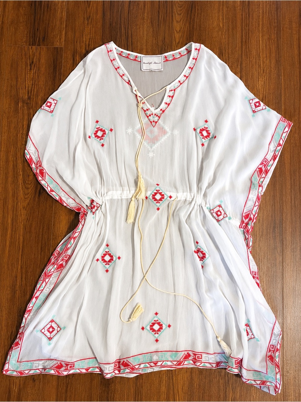 Beautiful Stories Anthropologie Sheer Tunic Dress with Tassels & Embroidery M-L